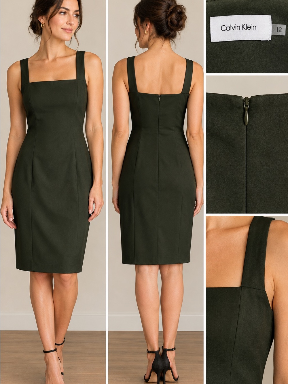 Calvin Klein Dark Olive Square-Neck Midi Sheath Dress